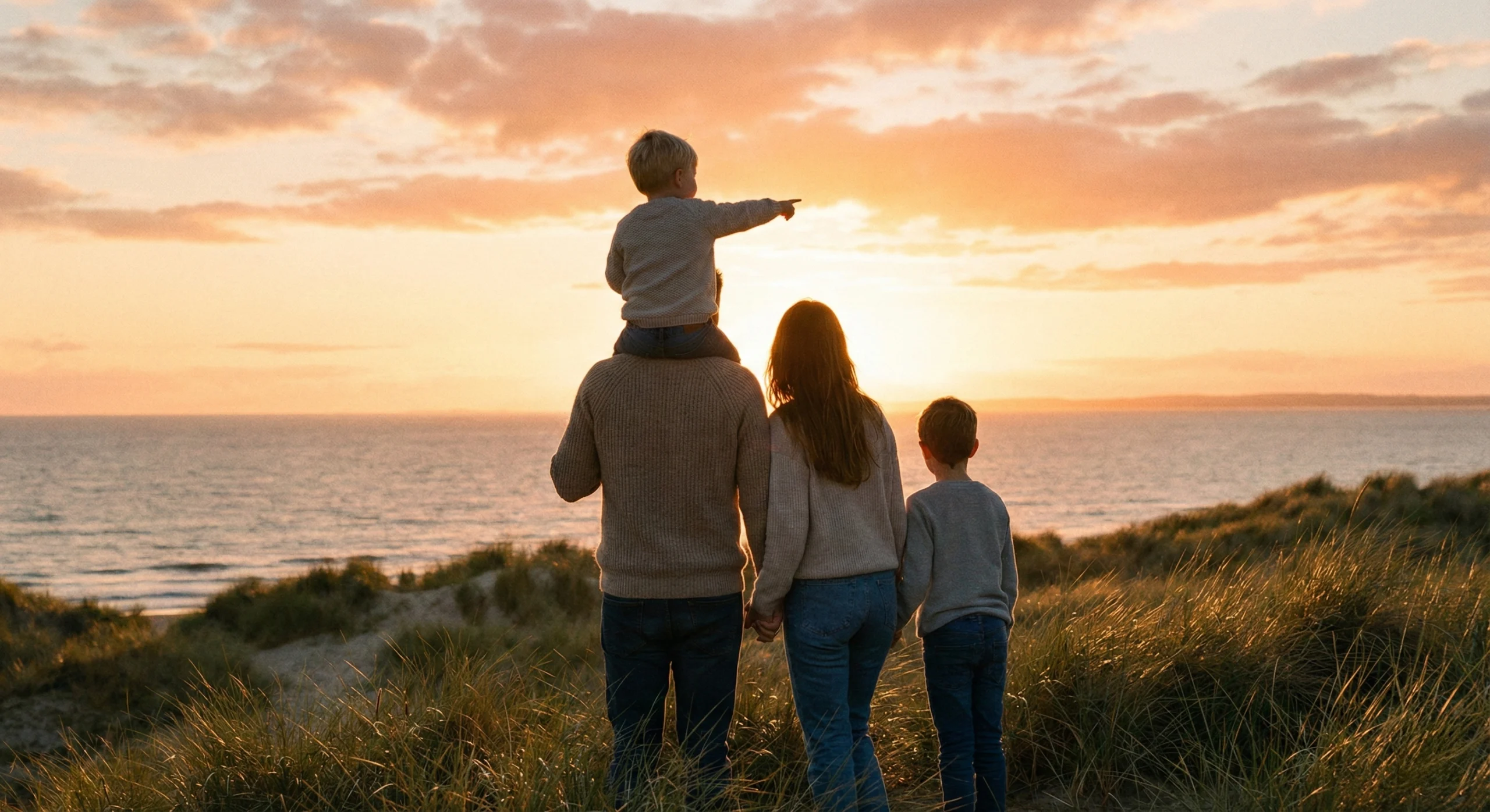 Familj vid havet i solnedgång